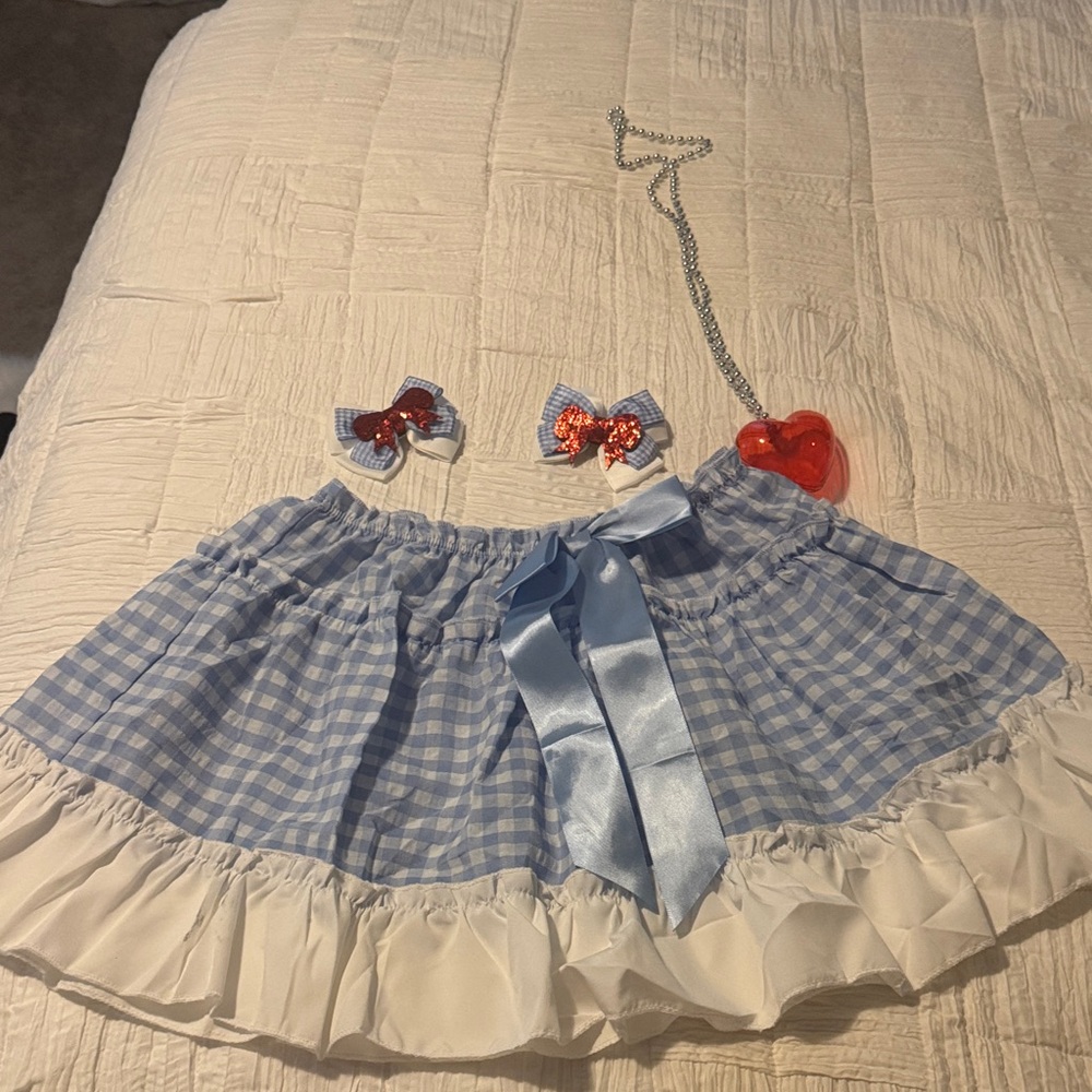 Dorothy - wizard of oz Blue and White Gingham Skirt with Red Heart Accessories
